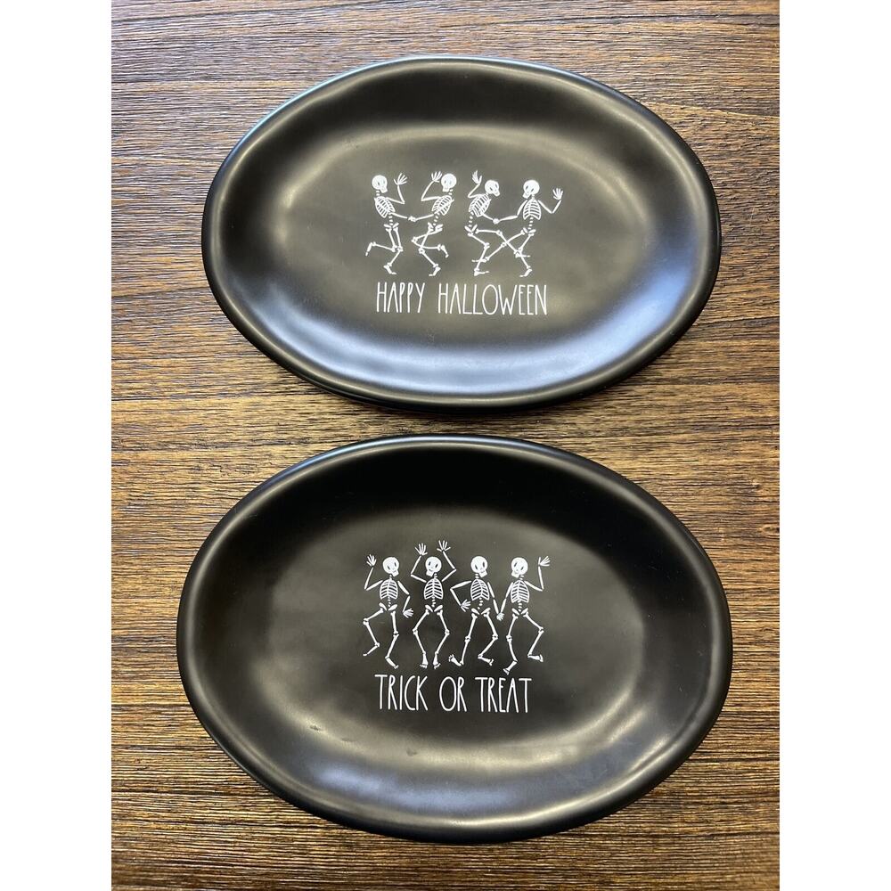 Rae Dunn Artisan Collection Black Halloween Skeleton Oval Dishes lot of 2